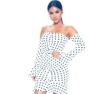 WHITE POLKA DOT BARDOT RUCHED DRESS SZ 14 NWT